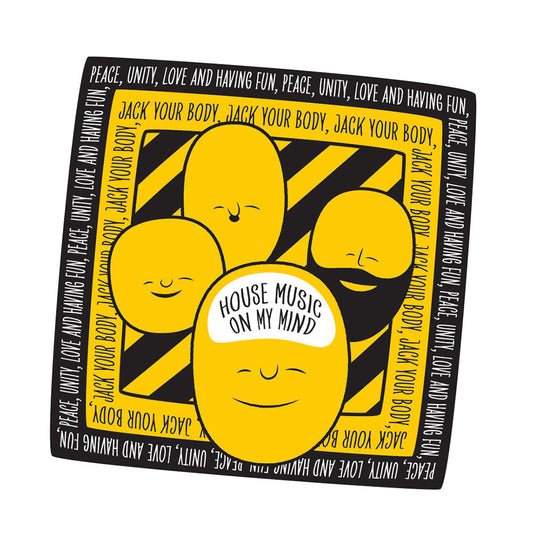 A tribute illustration design to 'The Hacienda' nightclub with bald, joyful dancers