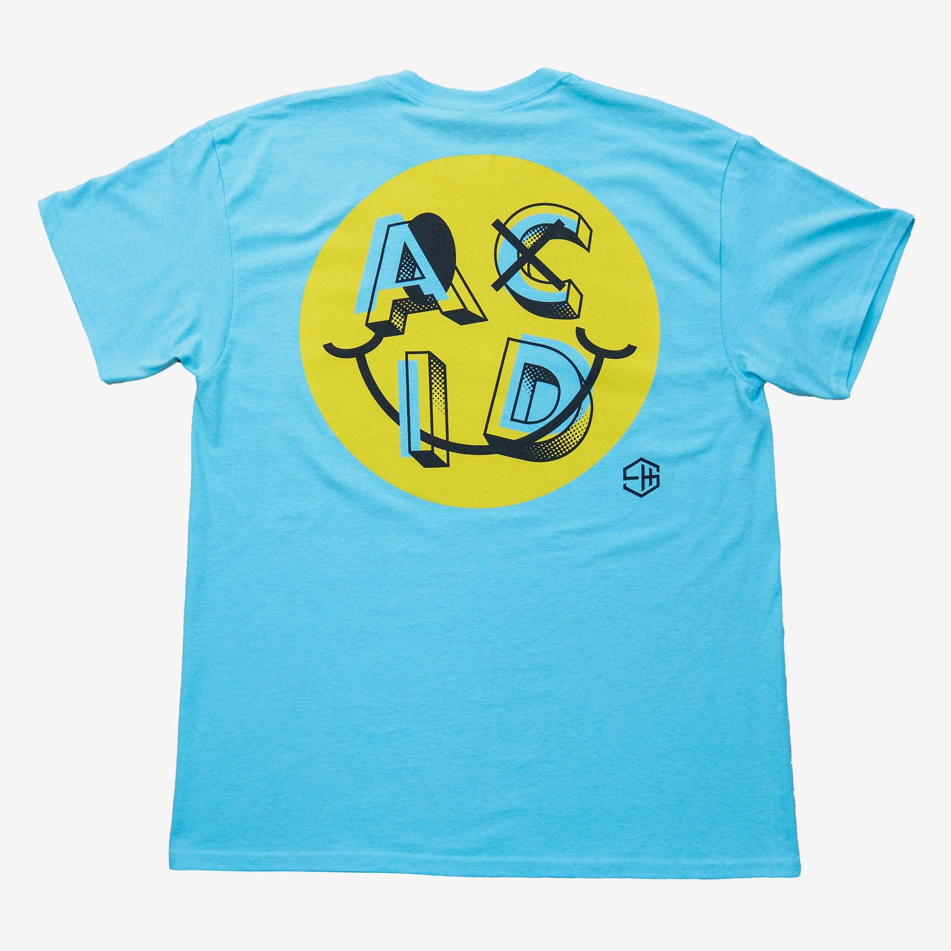 Acid house music smiley t-shirt sky blue back print