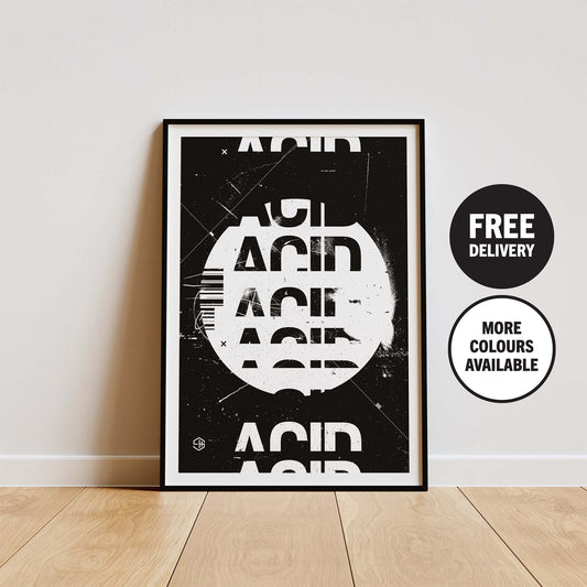 Acid house music poster, black and white wall art print