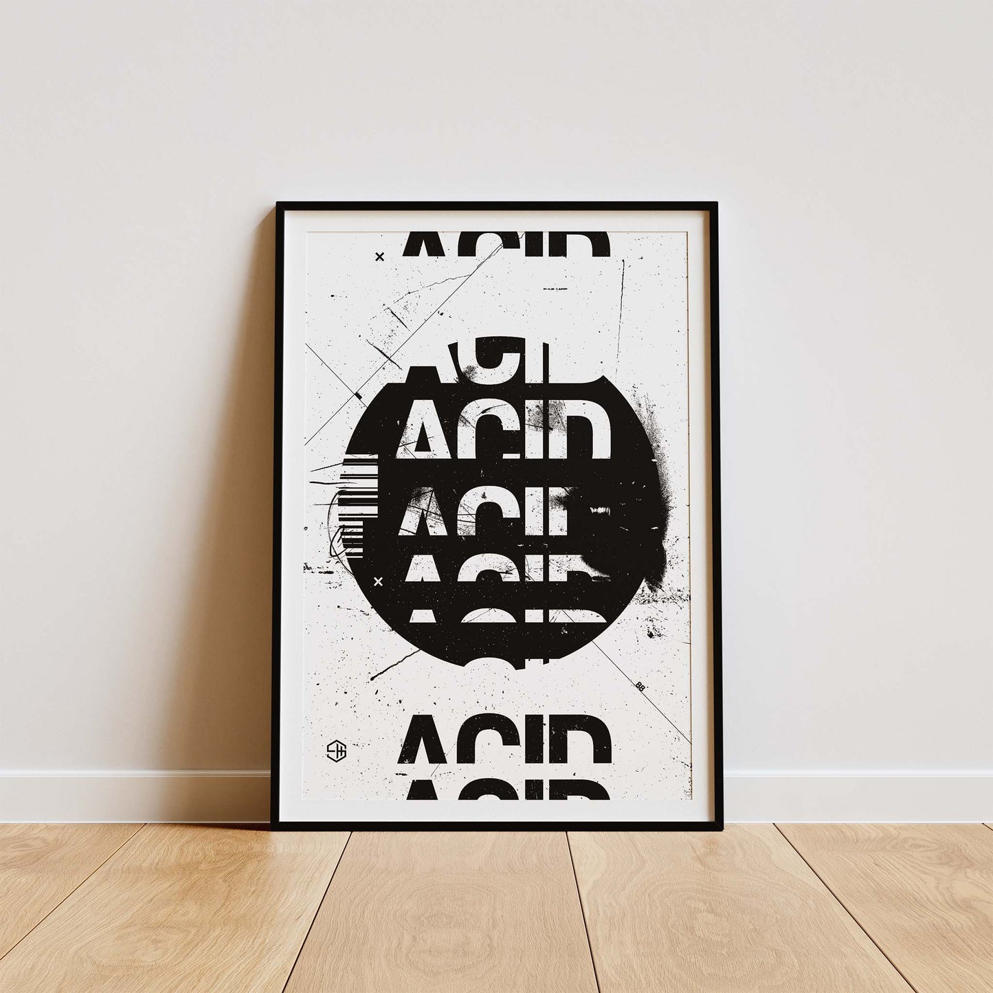 Acid house music print, black and white graphic poster design