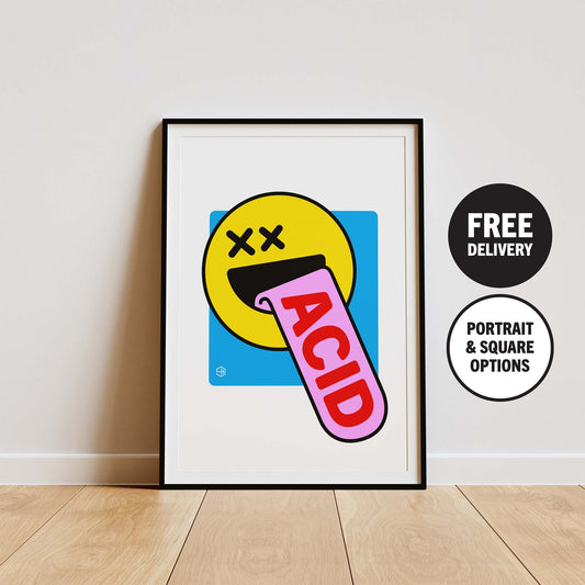 Acid house poster, yellow smiley 90s rave print gift