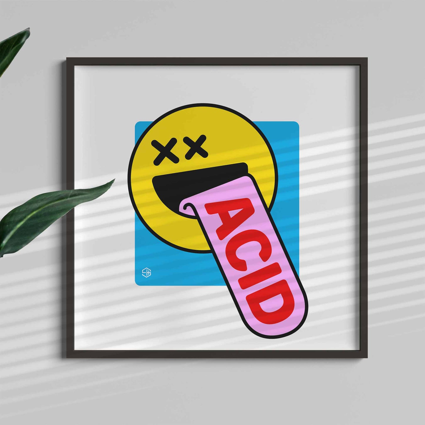 Acid house poster, yellow smiley 90s square rave art print gift