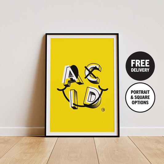 Acid House Poster, Yellow Smiley 90s Rave Print Gift