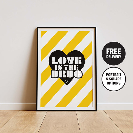 Love is the Drug Poster, Bryan Ferry, Roxy Music Print Yellow Black