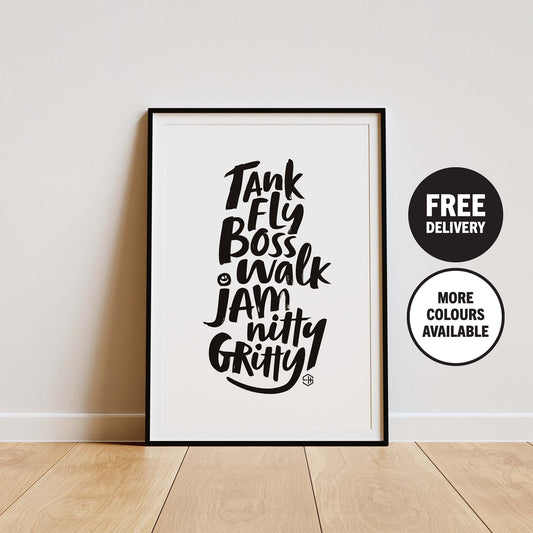 Dance Music Poster, Tank Fly Boss Walk Jam Nitty Gritty, Dub Be Good To Me, Beats International Music Print White