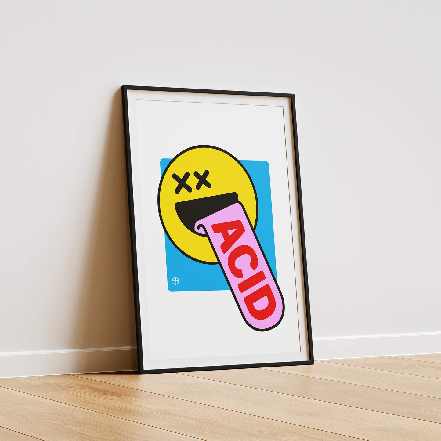 Acid house poster, yellow smiley retro wall art gift