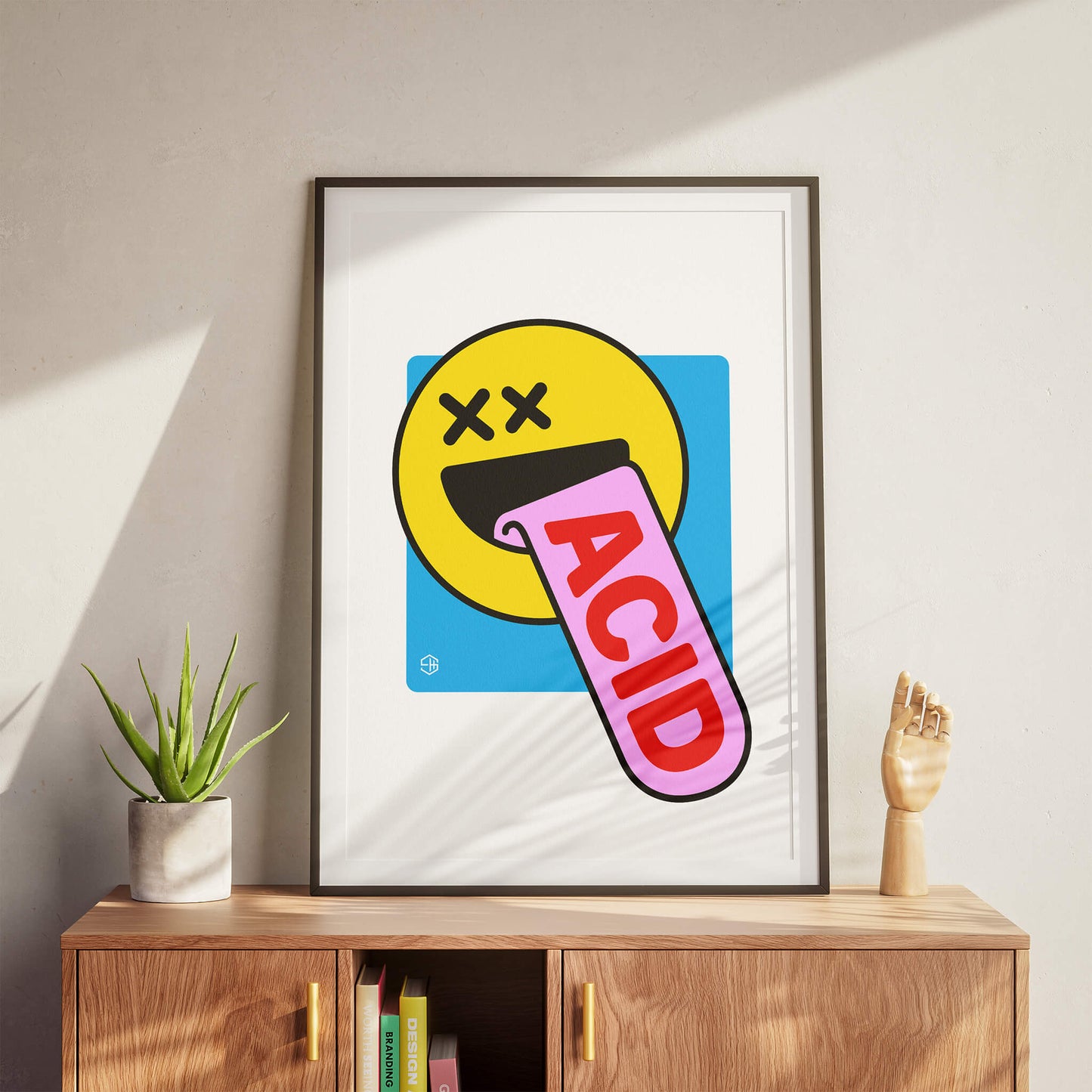 Acid house print, yellow smiley 90s rave art poster design gift