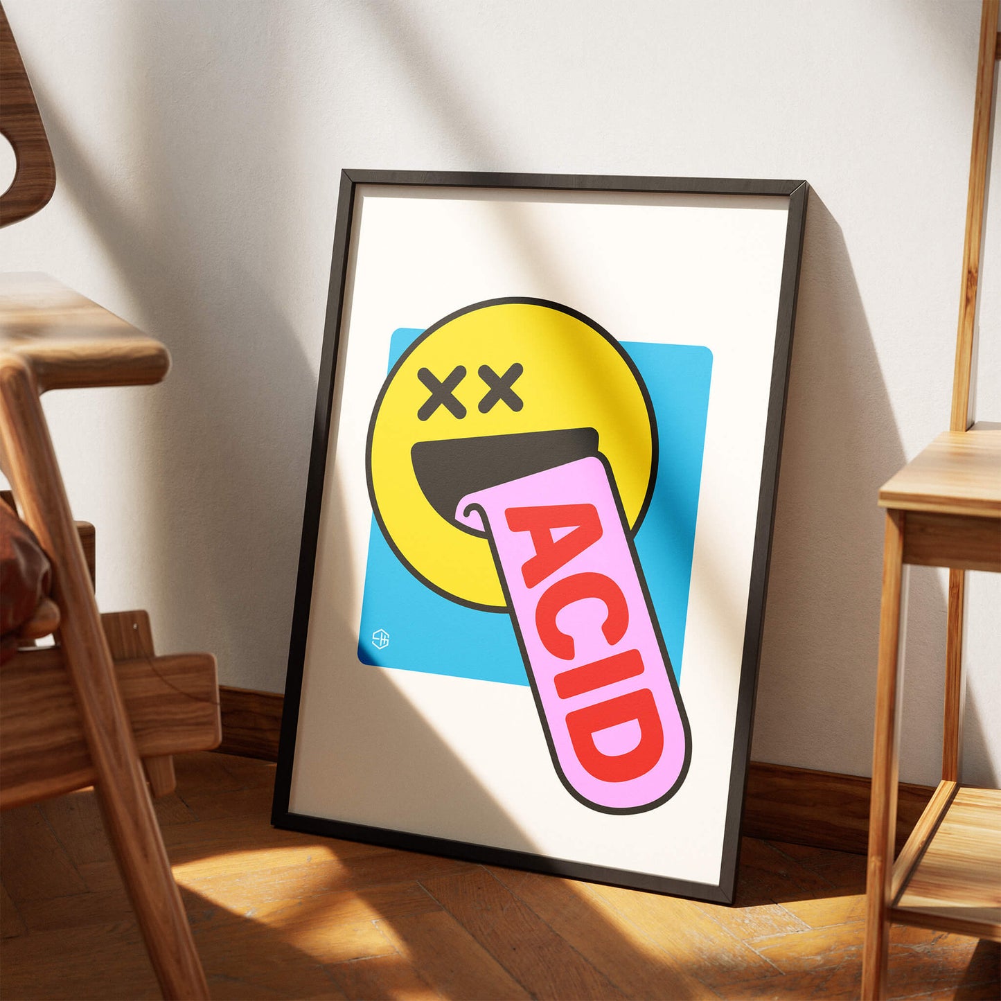 Acid house poster, yellow smiley 90s rave art club inspired art gift
