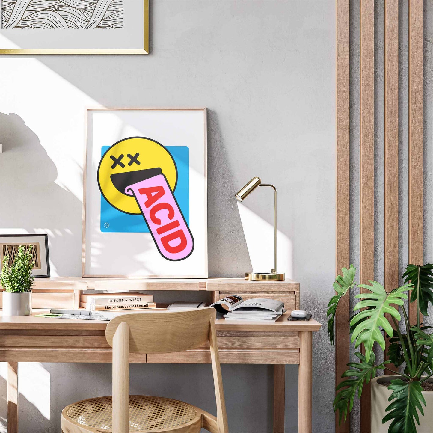 Acid house poster, yellow smiley 90s rave art gift