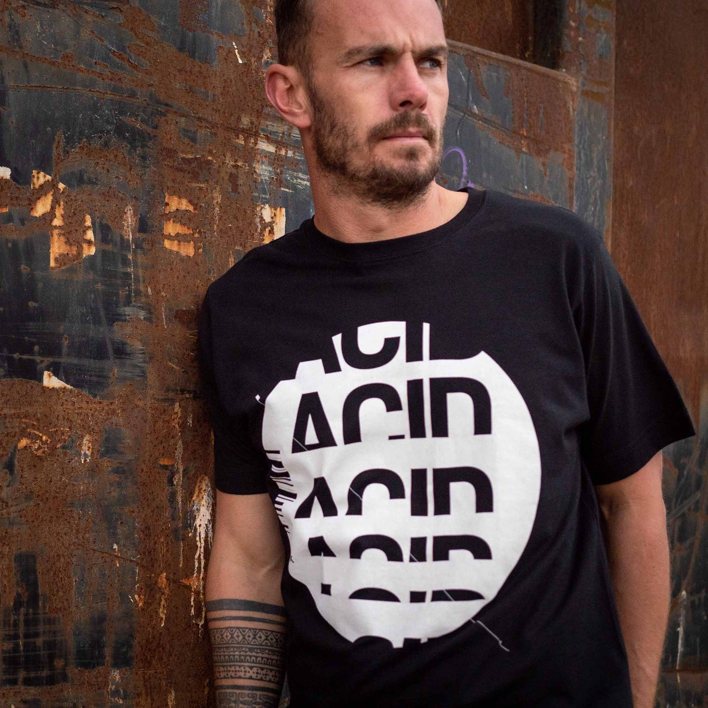 Acid house music t-shirt black mens with with white ink