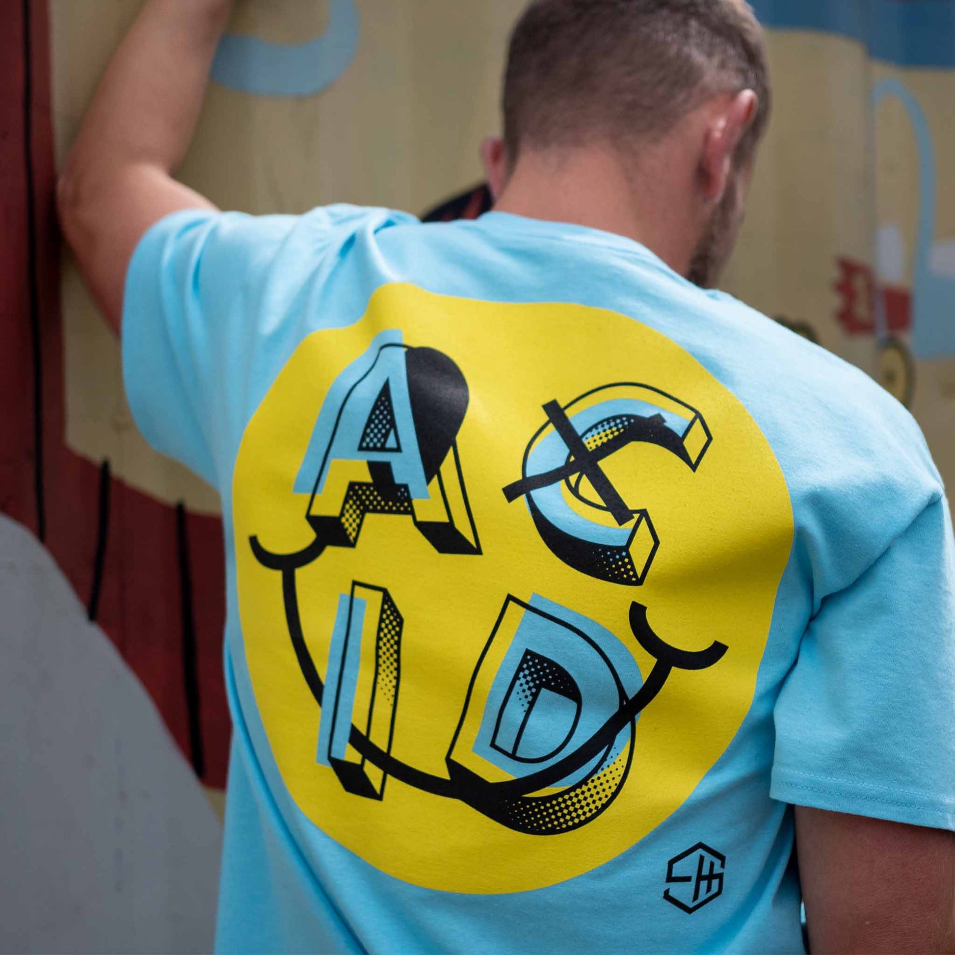 Acid house music smiley t-shirt mens sky blue