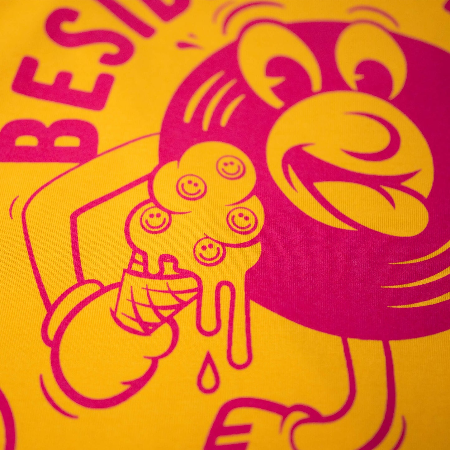Acid house ice cream screen printed yellow t-shirt detail
