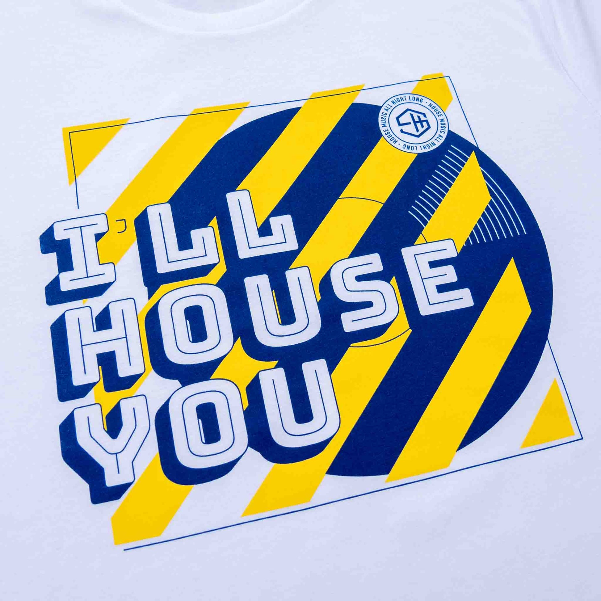 I'll House You T-shirt, 90s dance music graphic screen printed tee white detail