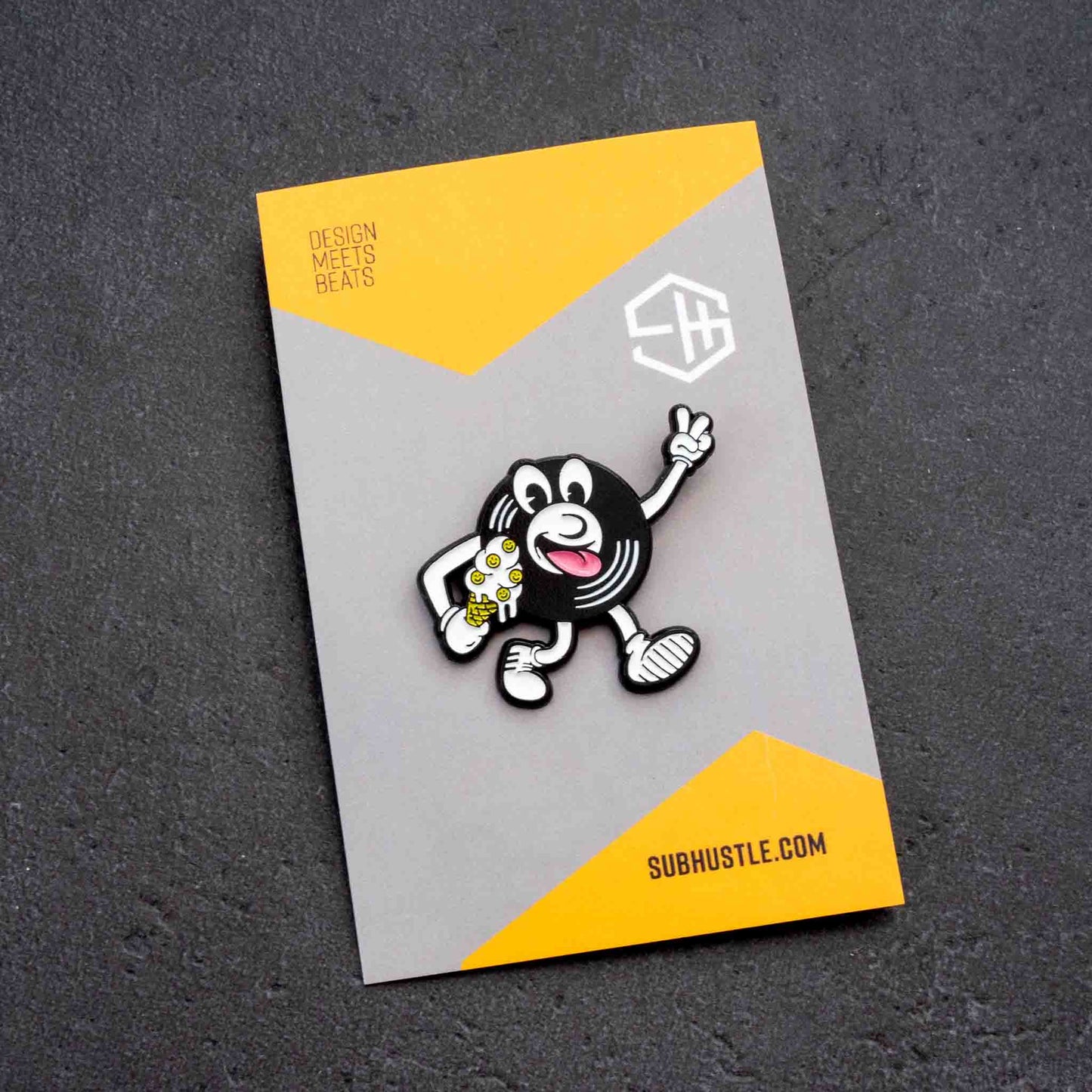 Acid House Pin Badge, Hot Wax Record Lovers Character Design on backing card