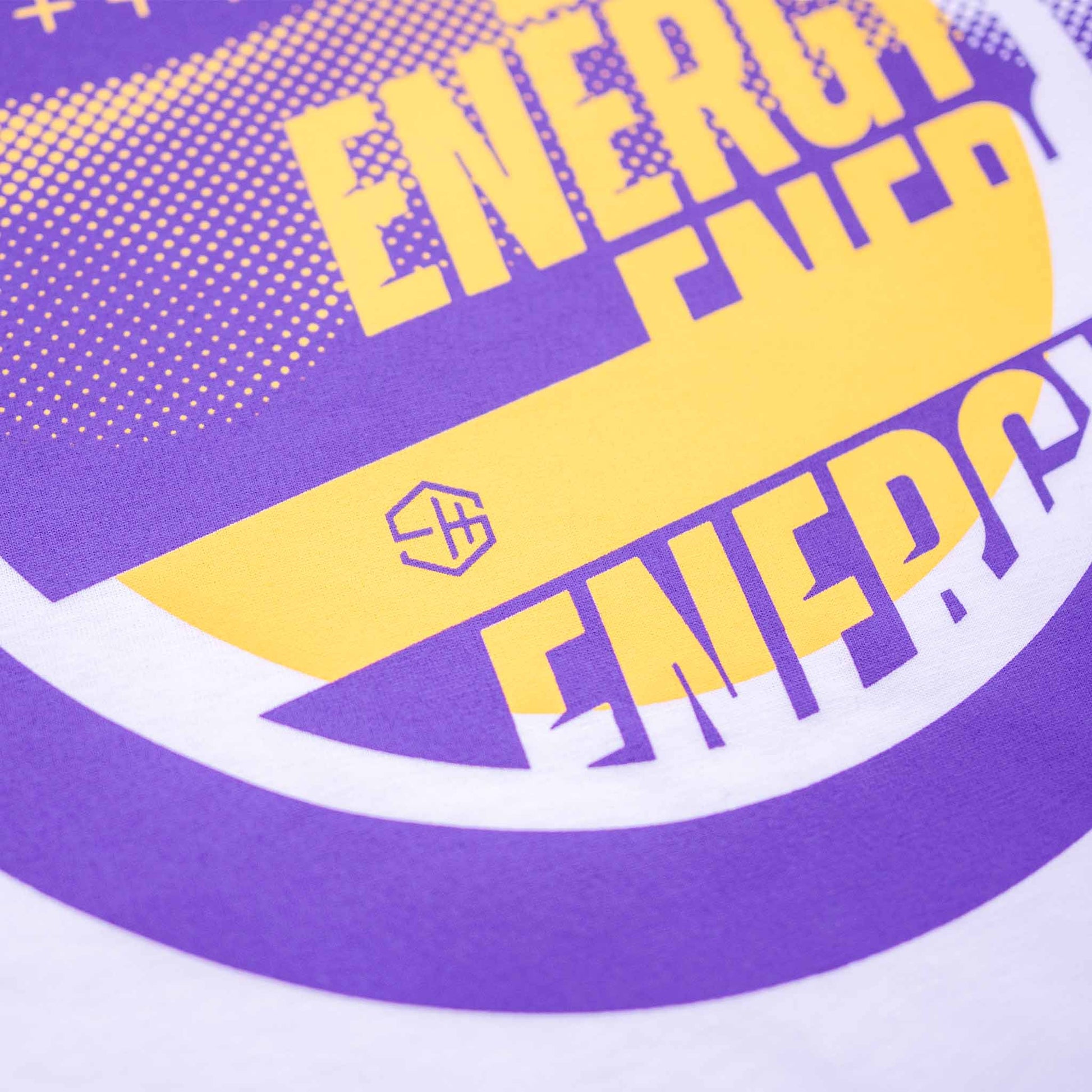 White Energy T-shirt with yellow and purple graphic