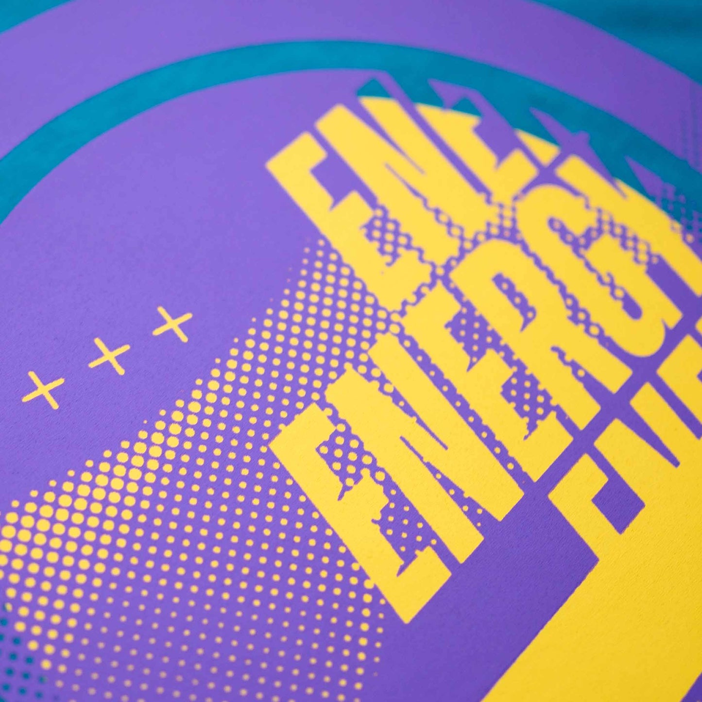  Energy T-shirt Detail Yellow and Purple Screen Print