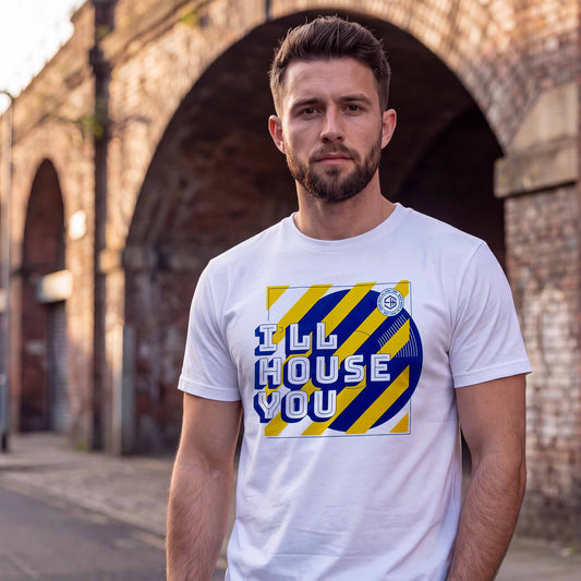 Man wearing white house music t-shirt with blue and yellow graphic design type