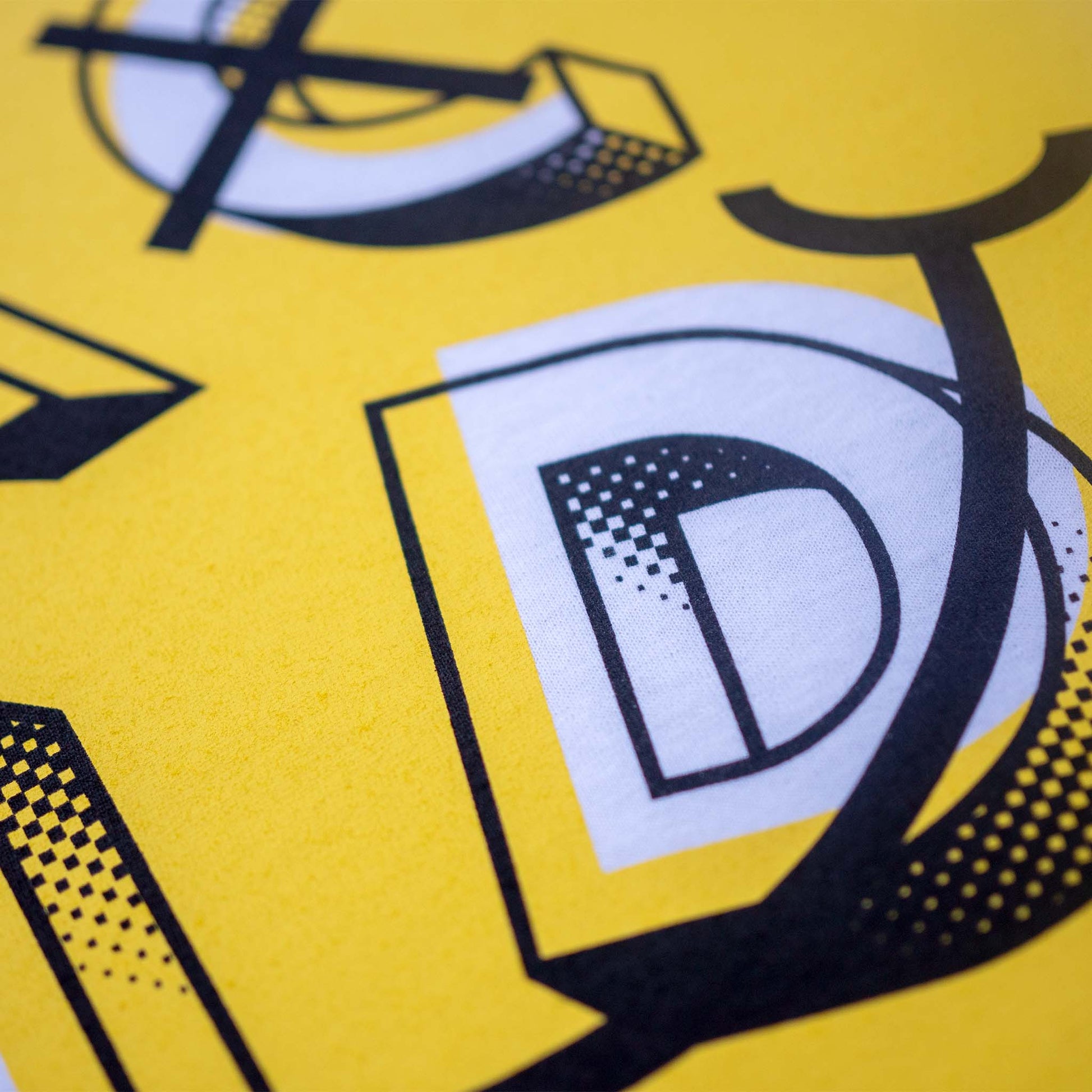 Acid smiley graphic type detail on white acid house music tee design