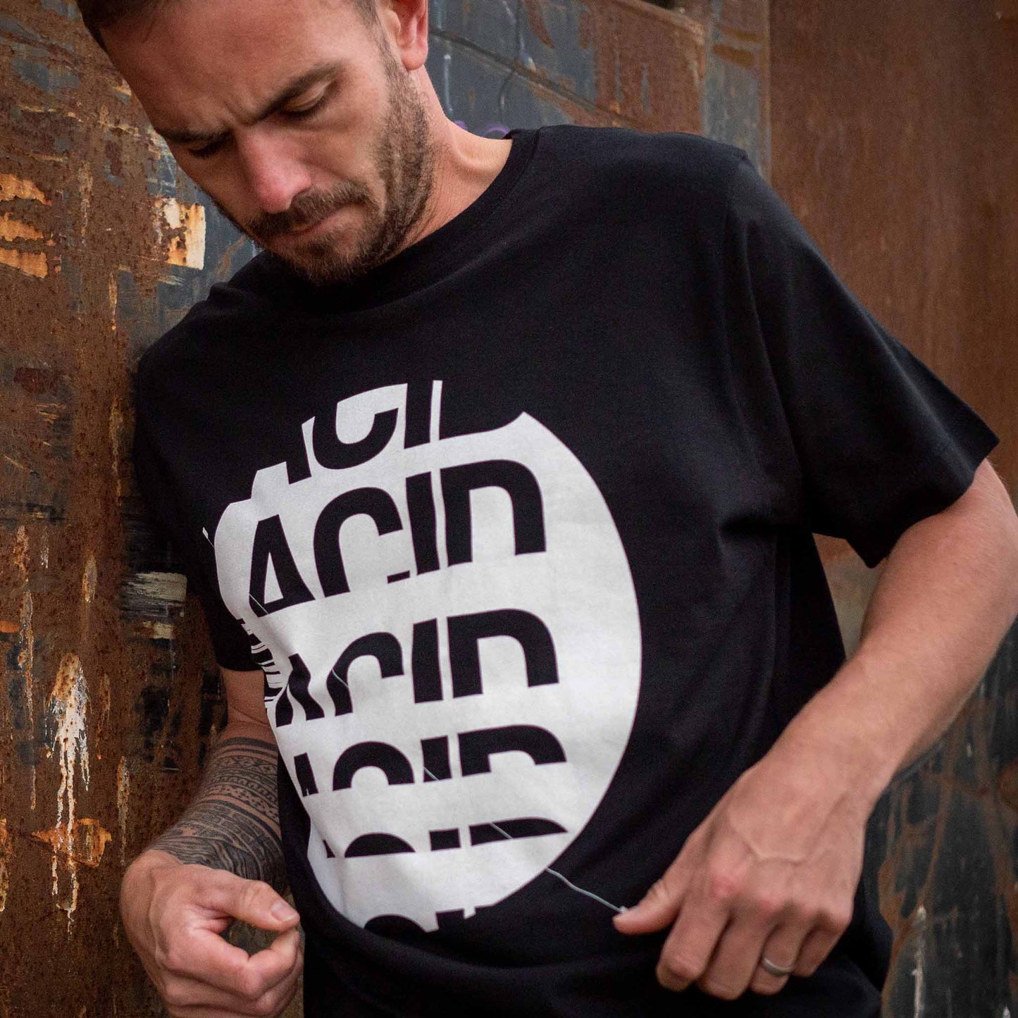 Acid house music screen printed mens t-shirt black with with white ink