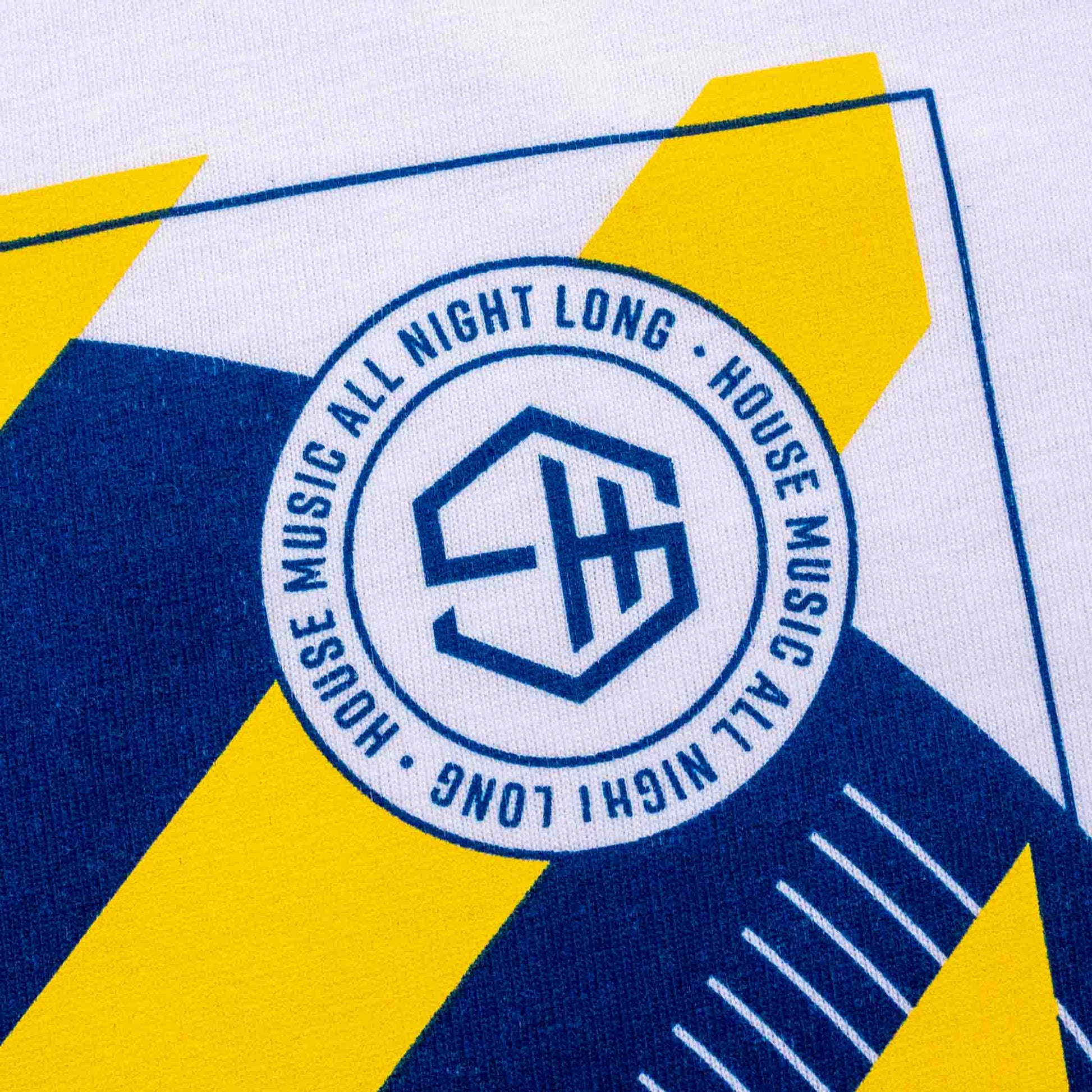 Closeup of 'House music all night long' type design t-shirt detail.