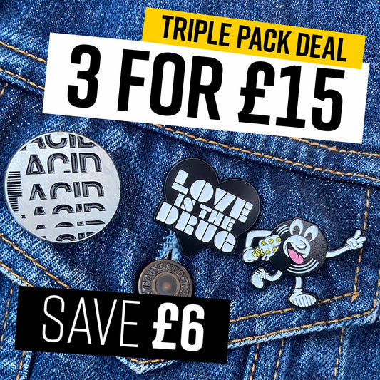 Pin badge triple pack deal - 3 for £15 (save £6)