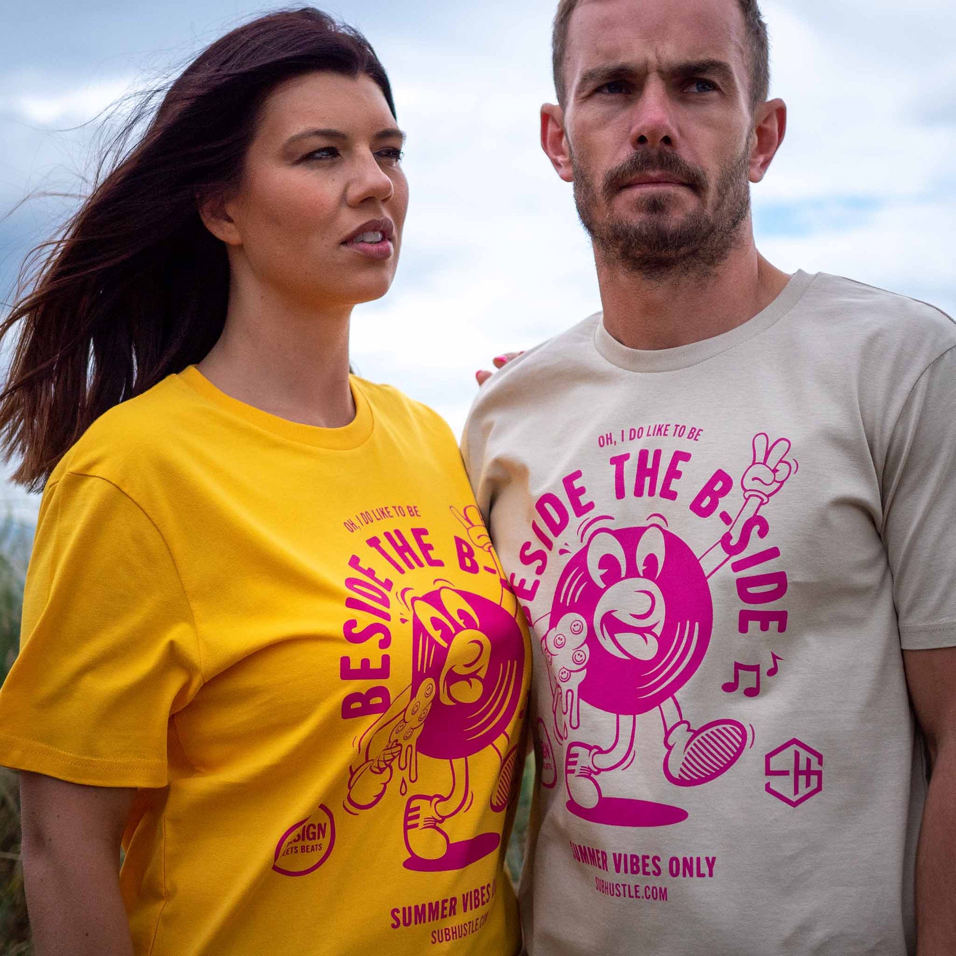 Summer vibes house music unisex t-shirt in yellow and raspberry
